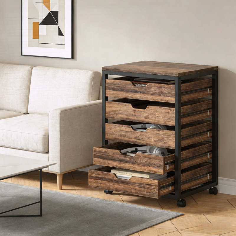 Commode de rangement mobile à 5 tiroirs avec style industriel, noir et bois