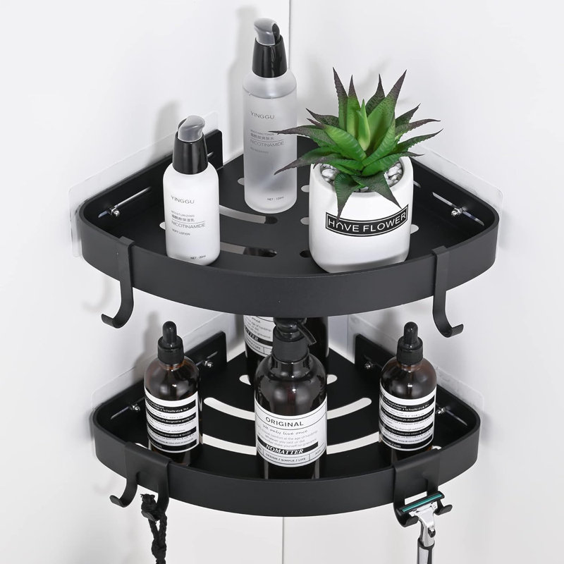 Ensemble de 2 boîtes de douche adhésives avec 4 crochets - Organisateur de salle de bain en aluminium sans perçage