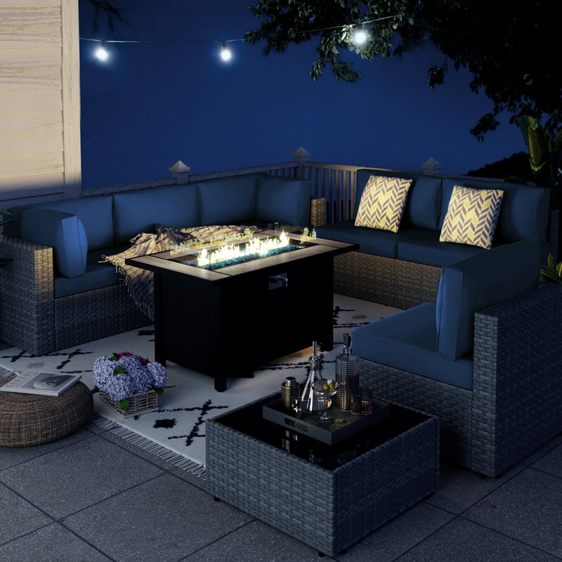 Ensemble de salon de jardin Bushrah pour 6 personnes avec coussins et table de foyer, Argent, Marine