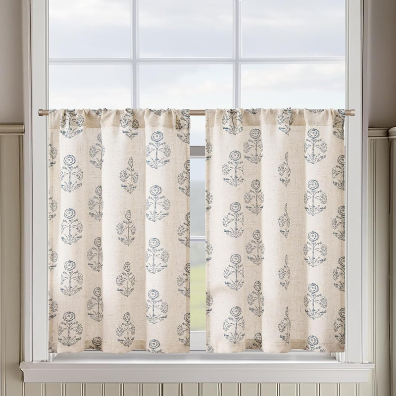 Rideaux en lin à motif floral avec passe-tringle, L 26 po x L 24 po, Bleu