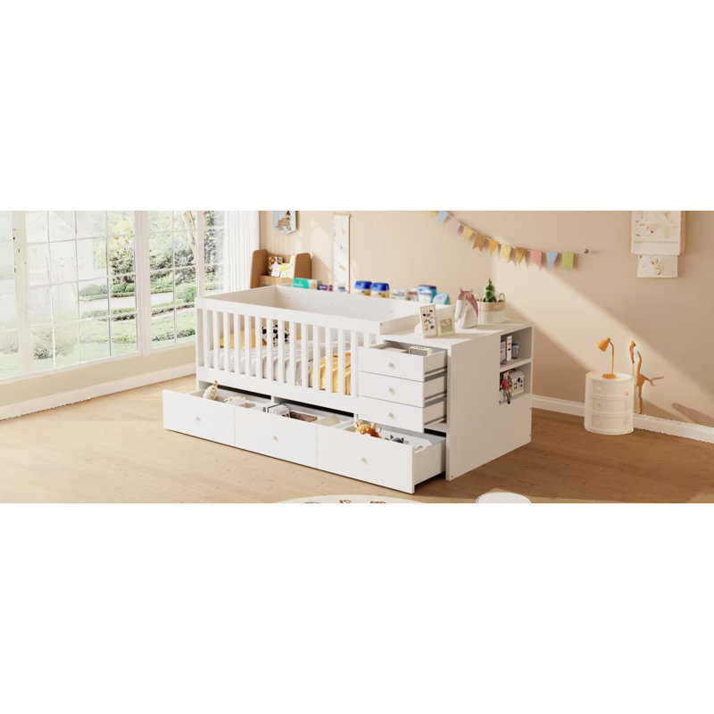 Lit de bébé convertible en lit de jour avec tiroirs, lit de bébé 2 en 1 avec garde-corps en bois, table à langer et tiroirs de rangement, compatible avec les matelas standard pour tout-petits américains, lit pour tout-petit avec barrière de sécurité, blanc