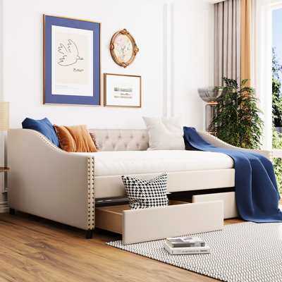 Lit de jour pleine grandeur avec deux tiroirs, revêtement beige et dossier en lattes de bois - Rehaussez l'esthétique de votre maison grâce à sa fabrication douce et résistante qui apportera une touche de calme à la maison