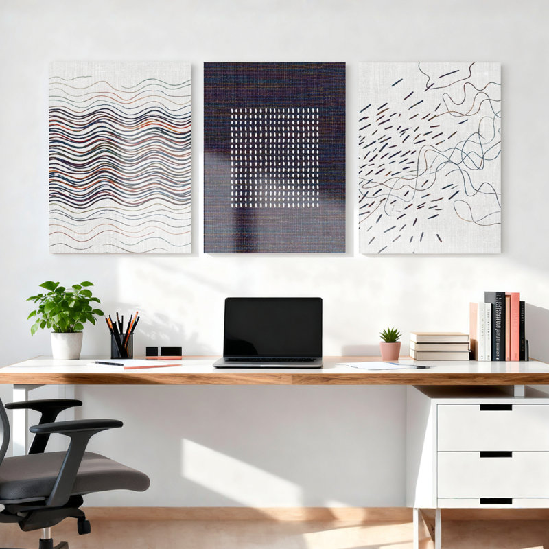 Ensemble de 3 tableaux abstraits sur toile tendue, lignes ondulées et points, H 24 po x l 48 po