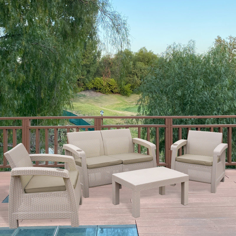 Kaitlind 4 - Person Patio Conversation Set with Cushions, Tan, Espresso