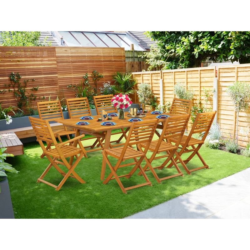 9 Piece Outdoor Patio Dining Sets Includes a Rectangle Acacia Wood Table and 2 Folding Arm Chairs with 6 Side Chairs, 40x72 Inch, Natural Oil