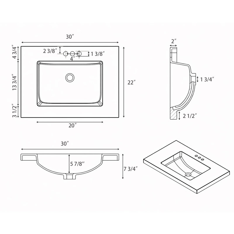 Comptoir de meuble-lavabo intégré moderne 30 "x 22" avec 3 trous pré-percés pour salle de bain Modern