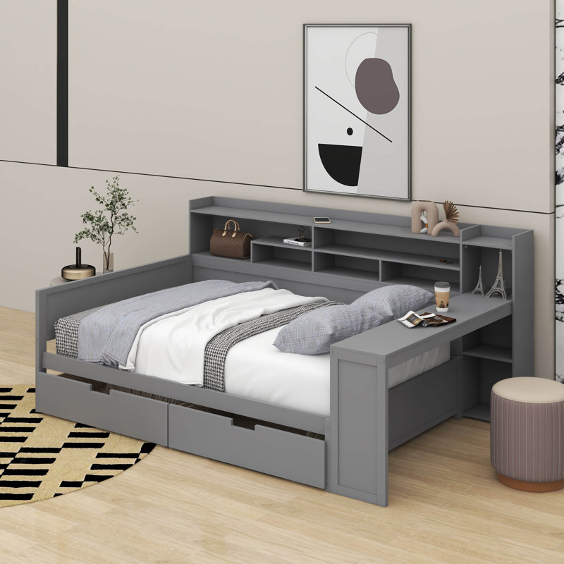 Wooden Daybed With Storage Shelves, Multi-Functional Bed With Two Storage Drawers And Study Desk, Full/Double