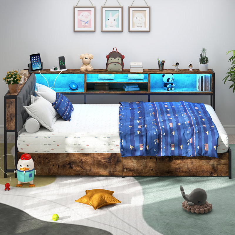 Corner Bed Frame with 2 Drawers and Storage Bookcase, Daybed with Charging Station and LED Lights, Extra-long Twin