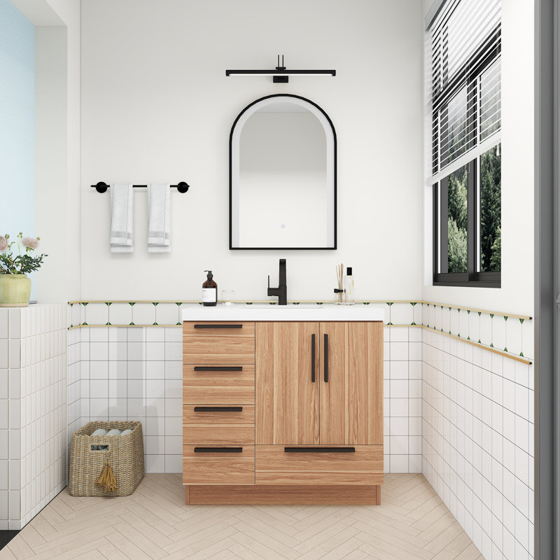 Meuble-lavabo autoportant avec tiroirs latéraux Carla, Chêne blanc, 35"