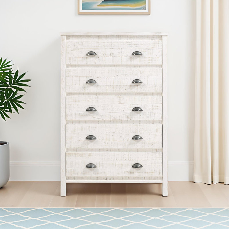 Altamirano 33" W Solid Wood 5-Drawer Dresser, Shabby White