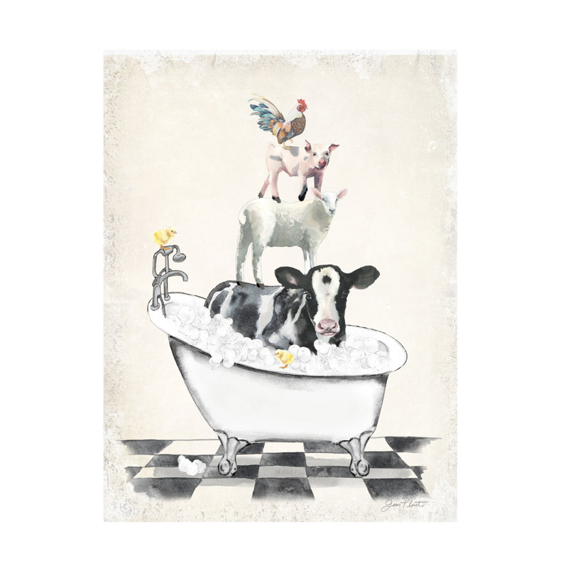 Art mural sur toile tendue - "Farm Animals Bath E" de Jean Plout pour décoration de salon, de chambre à coucher ou de bureau - 35 x 47 pouces - 35 x 47