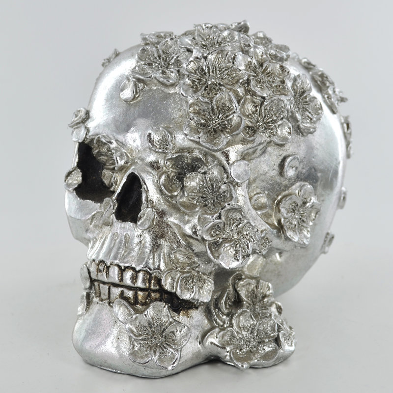 Skull With Flowers Silver Finish Comeau Scuplture