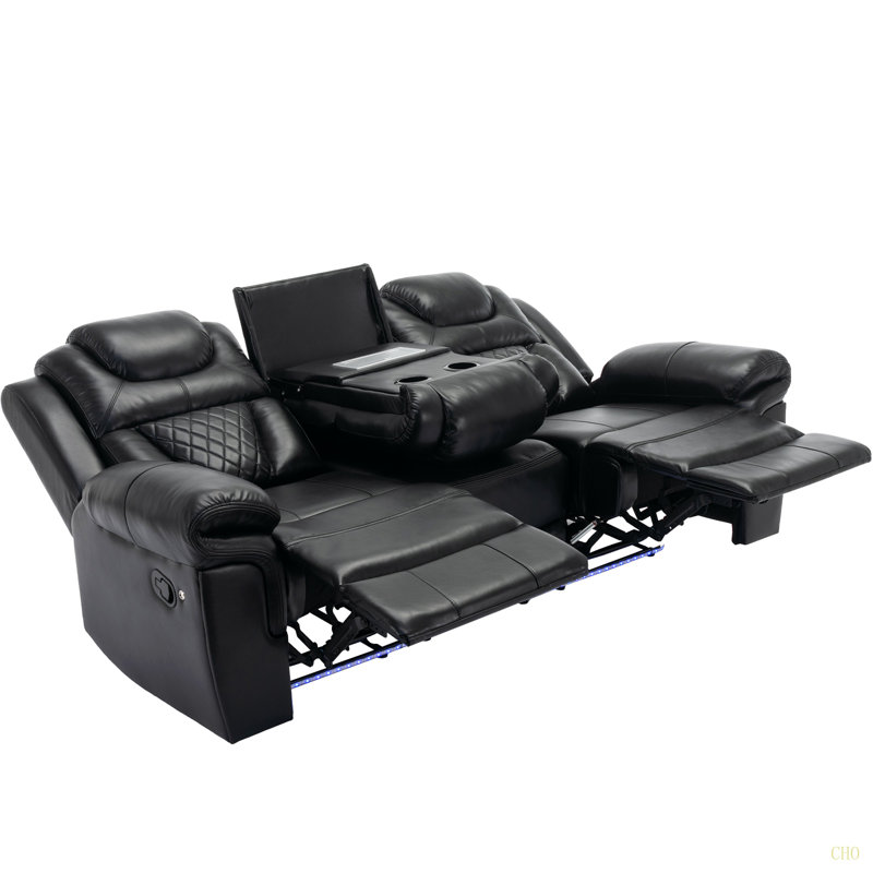 Fauteuil inclinable manuel de cinéma maison avec console centrale et bande lumineuse à DEL pour le salon, Noir