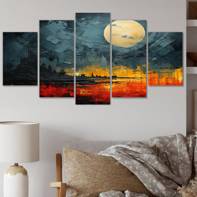 «Yellow Stormy Horizon Collage III» - art mural moderne sur toile - 5 panneaux