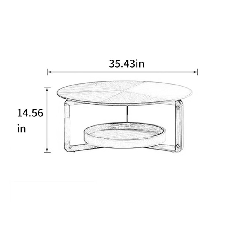 Round Coffee Table Walnut Wood Saddle Leather, 14.56"H x 35.43" L x 35.43" W