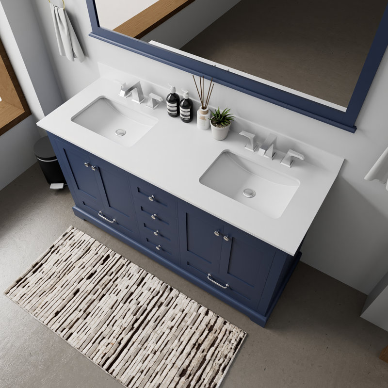 Dukes 60 in. W x 22 in. D Double Bath Vanity, and 58 in. Mirror, White Cultured Marble, Navy Blue