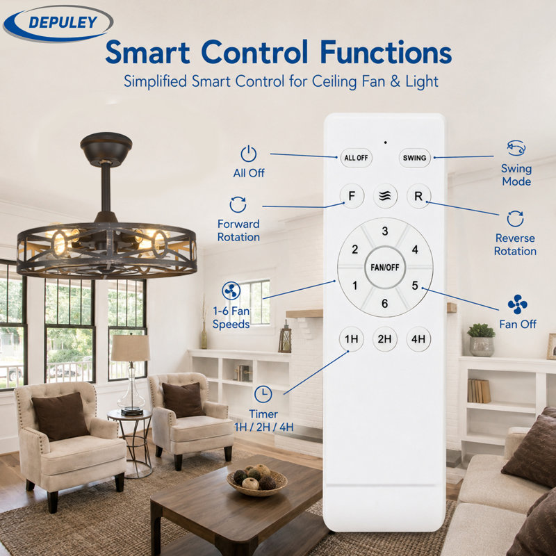 Ventilateurs de plafond en cage de 20 po avec télécommande pour l'application pour la chambre à coucher de patio, ventilateur de plafond encastré avec lumières réversible noyer 6 vitesses Farmhouse