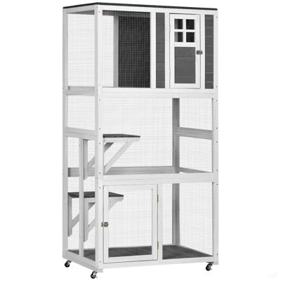 Pawhut 74" Wooden Outdoor Cat House Weatherproof & Wheeled, Catio Outdoor Cat Enclosure With High Weight Capacity, Kitten Cage Condo, Gray