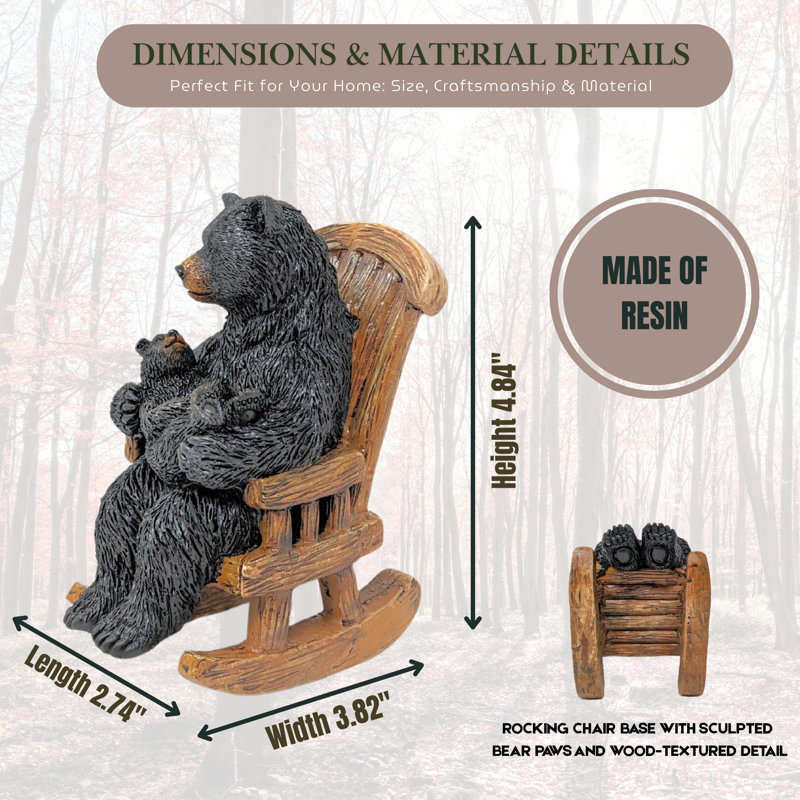 Figurine d'ours noir en résine dans une chaise berçante tenant un ourson - décor de faune rustique pour espaces de chalet, de chalet, de montagne ou de forêt