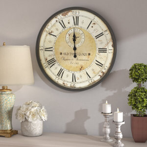 Wooden Distressed Vintage Style Decorative Wall Clock with Black Typography and Roman Numerals