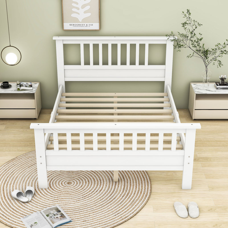 Wooden Platform Bed With Headboard, Full, White