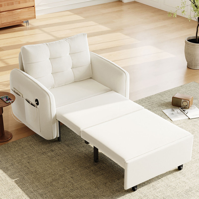Canapé-lit 3 en 1, méridienne escamotable extra longue de 80 po avec charge USB, poches et boîte de rangement, conception capitonnée, canapé-lit simple en chenille multifonctionnel pour le salon et l’appartement