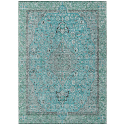 9' X 12' Aqua And Teal Blue Medallion Washable Indoor Outdoor Area Rug
