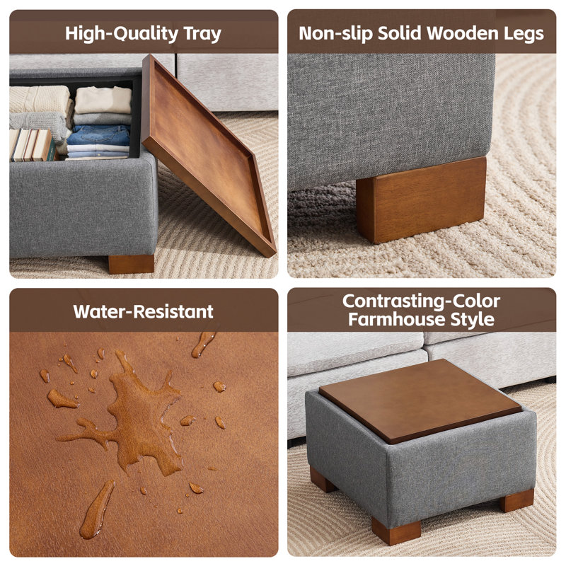 23.2" W Upholstered Square Storage Ottoman with Wooden Tray, Grey Fabric