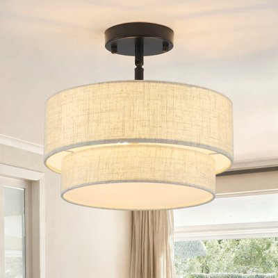 3-Light 2-Tier 12.6" Dimmable Linen Shade Drum Semi Flush Mount Ceiling Light for bedrooms Living rooms Kitchen Island and Hallways
