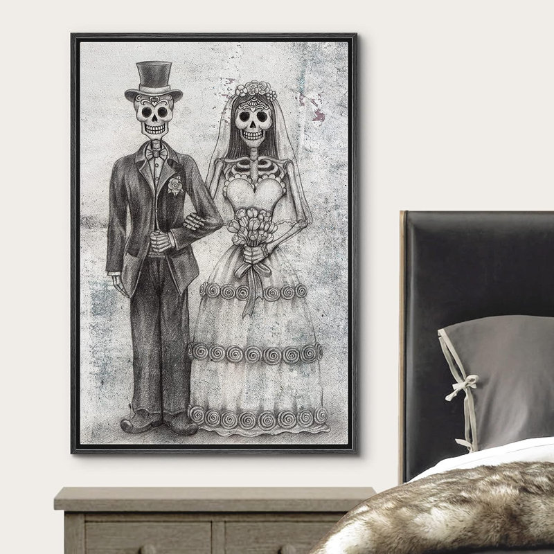 Moody Skull, mariage gothique, crâne de couple, œuvre d'art sur toile encadrée, H 24 po x l 16 po x P 1,5 po