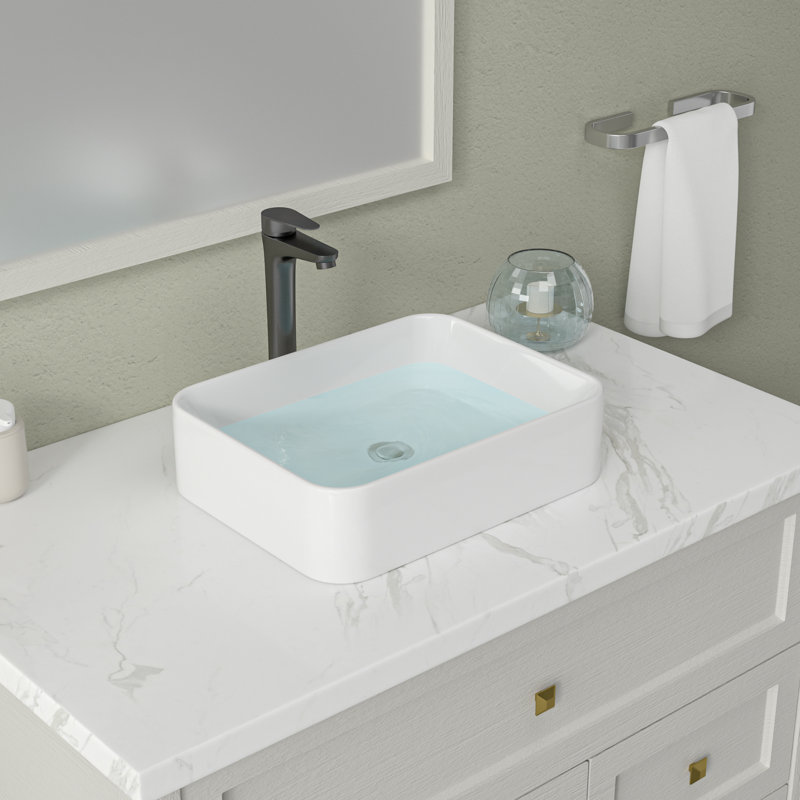 19" x 15"  White Bathroom Sink  Ceramic Rectangular Vessel Sink With ORB Faucet, Orb Black