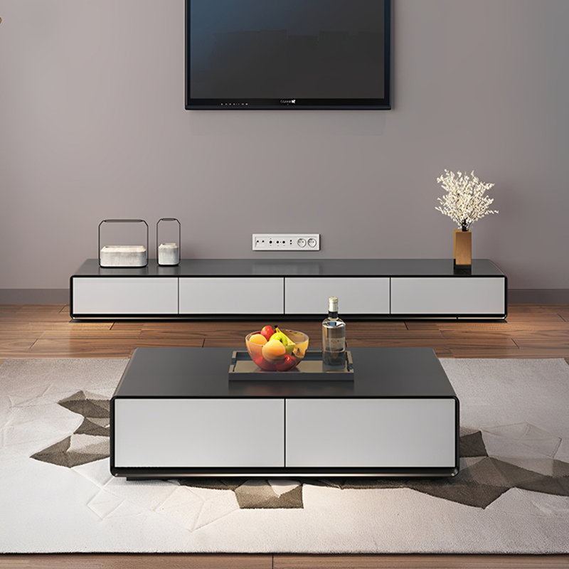 Meuble télé moderne en bois avec plancher, H 13,77 po x L 86,61 po x l 15,74 po, Blanc/Noir