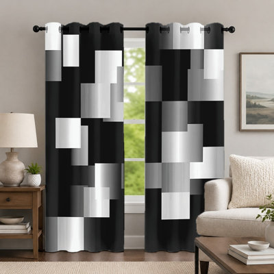 2Pcs Black and White Geometric Curtains, Minimalist Style Curtain, Modern Monochrome Block Pattern Printed Art Grommet Drapes, Window Treatment for Bedroom Living Room Decor