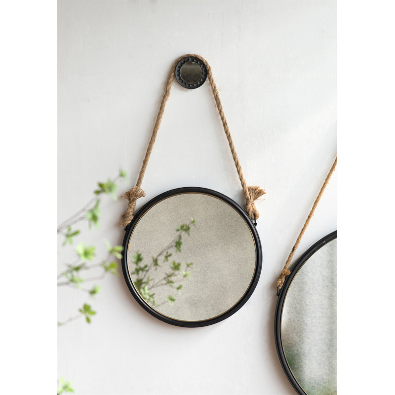 19.5" In Handsome Cleveland Mirror With Rope Strap Contemporary Design Circle Mirror With Round Metal Frame For Wall Decor Bathroom