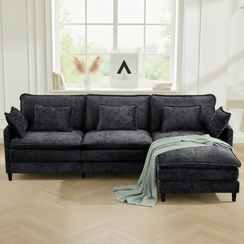4-Piece 110.6" Chenille Modular Upholstered Sectional Sofa Deep Seat Cloud Couch With Ottoman, Black Chenille