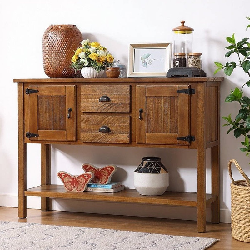 Console 48 po en bois massif avec 2 tiroirs, armoires et tablette inférieure, table à manger de style rétro pour le salon, la cuisine et la salle à manger