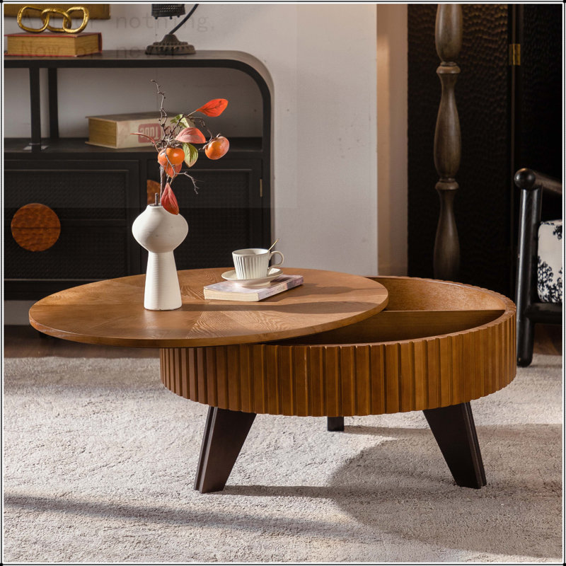 Table basse ronde rétro avec espace de rangement, L 31,5 po, Naturel