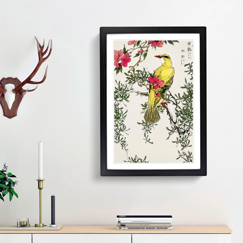 Bush-Warbler & Drooping Peach by Numata Kashu - Picture Frame Art Print, Black Framed, 65cm H x 48cm W x 2cm D