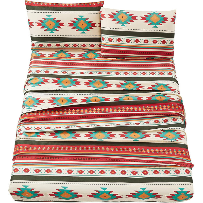 Microfiber Multicolor Southwestern Tribal Aztec Sheet Set, Queen Sheet Set with 2 Pillowcases, Cream/Red/Blue