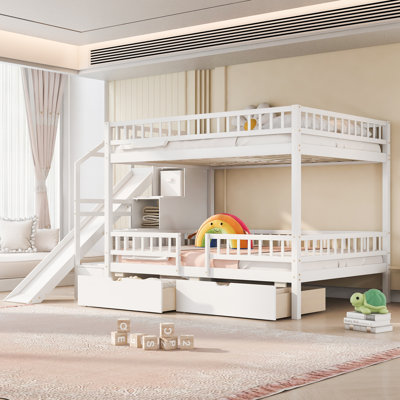 Lumifun Full over Full Bunk Bed with Storage Staircase Slide and Drawers in Solid Pine Wood and MDF