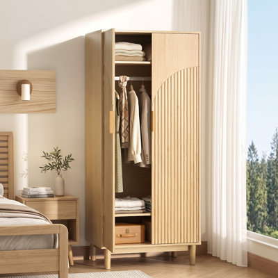 31.89 Inch 2 Door Outer Arc Grid Armoire Embossed Particleboard Cabinet With PVC Wrapped Wood Legs