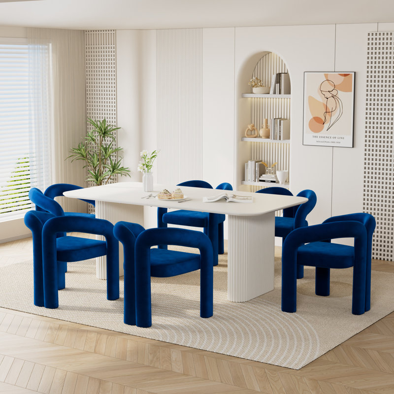 Ensemble de table de salle à manger moderne à double piédestal, Bleu, 7