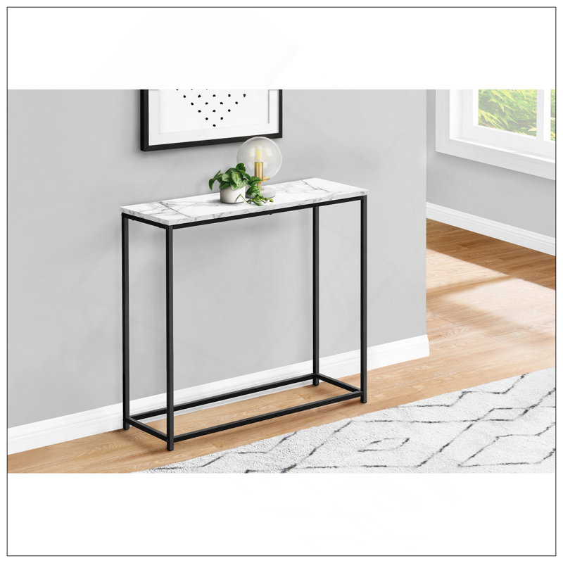 Accent Table, Console, Entryway, Narrow, Sofa, Living Room, Bedroom, White Marble Look Laminate, Black Metal, Contemporary, Modern