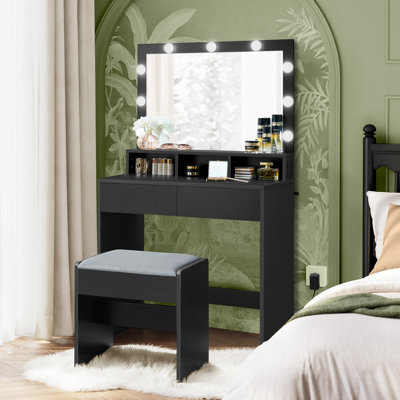 Makeup Vanity With Mirror And Lights,upholstered Vanity Stool, 9 Dimmable Led Lights by Ebern Designs