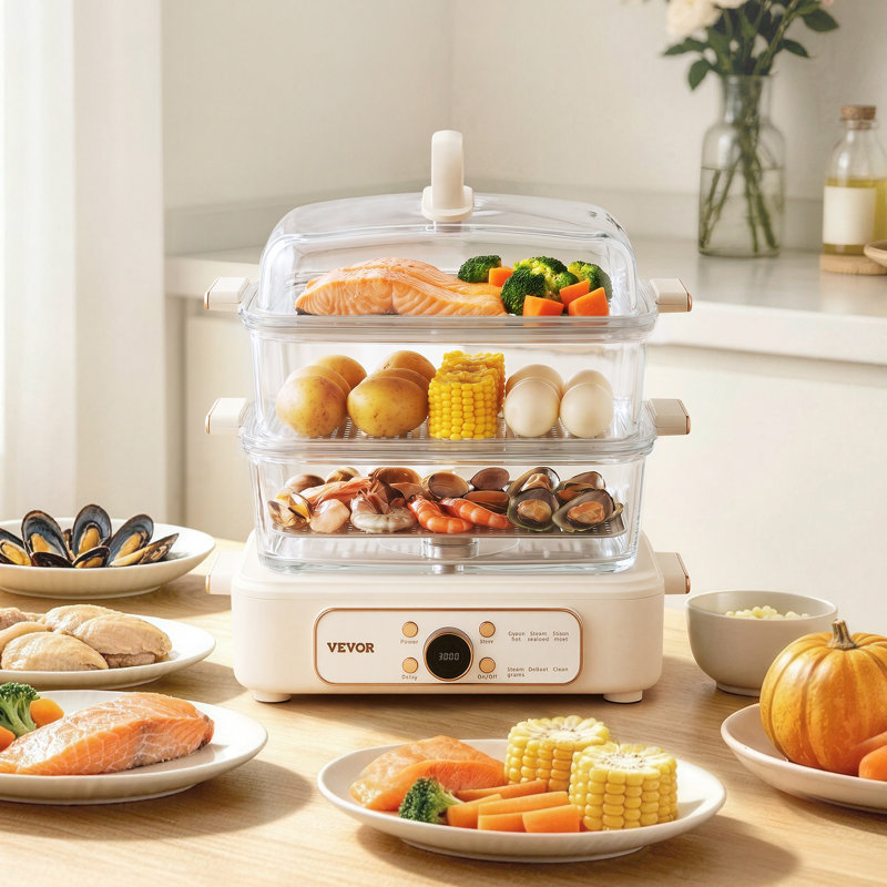 Verre à vapeur électrique 10,6 pte avec plateaux en acier inoxydable à 3 niveaux, cuiseur à vapeur 1200 W pour la cuisson, 2 à 4 portions, réglages préprogrammés, mise en marche différée, pour légumes, fruits de mer et riz, blanc
