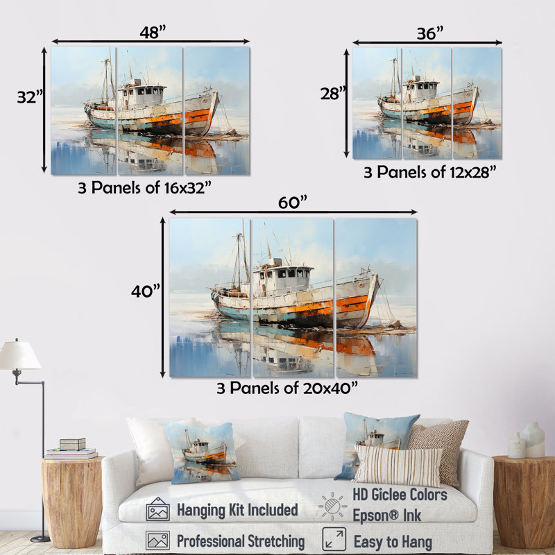 Bateau de pêche au port III - ensemble d'art sur toile de bateau côtier, Toile tendue, H 28 po x l 36 po x P 1 po