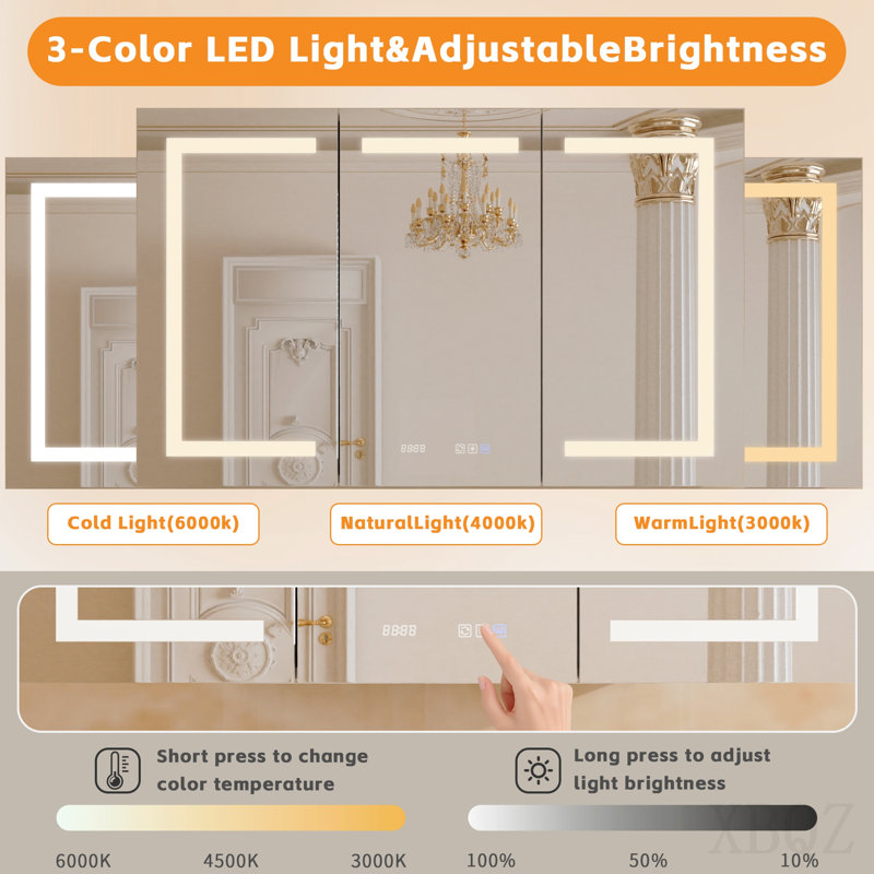 Lighted Bathroom Medicine Mirror Cabinet With Sockets & Usbs, 60" W X 36" H, Anti-Fog Dimmable Light And Colour Adjustment, Easy To Install