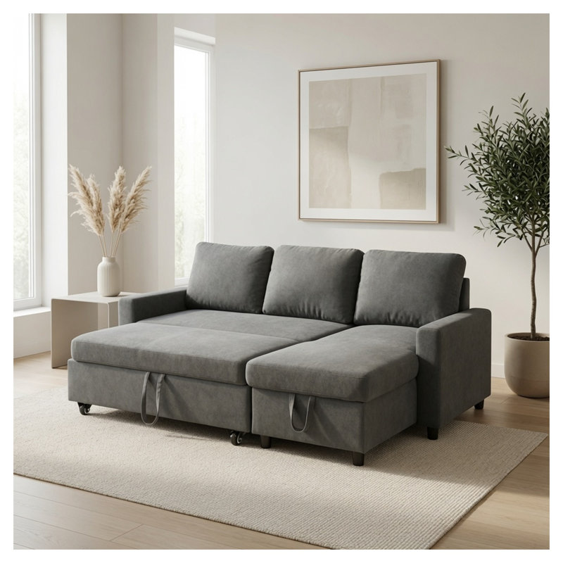 Canapé-lit convertible moderne en forme de L de 212 cm avec méridienne de rangement, canapé d'angle en tissu flanelle gris foncé pour salon