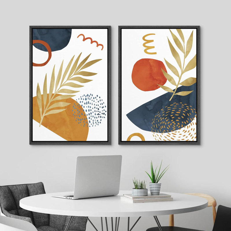 Mid-Century Vibrantest Plants Semi Circles - Ensemble de 2 reproductions sur toile flottantes, H 36 po x l 24 po, Noir