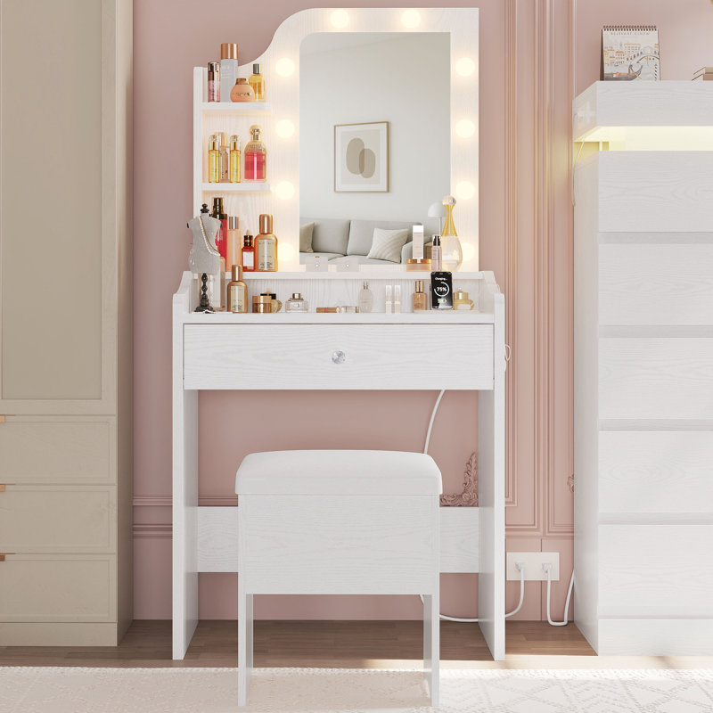 Petit meuble-lavabo avec miroir à DEL, tabouret de rangement et prise de courant